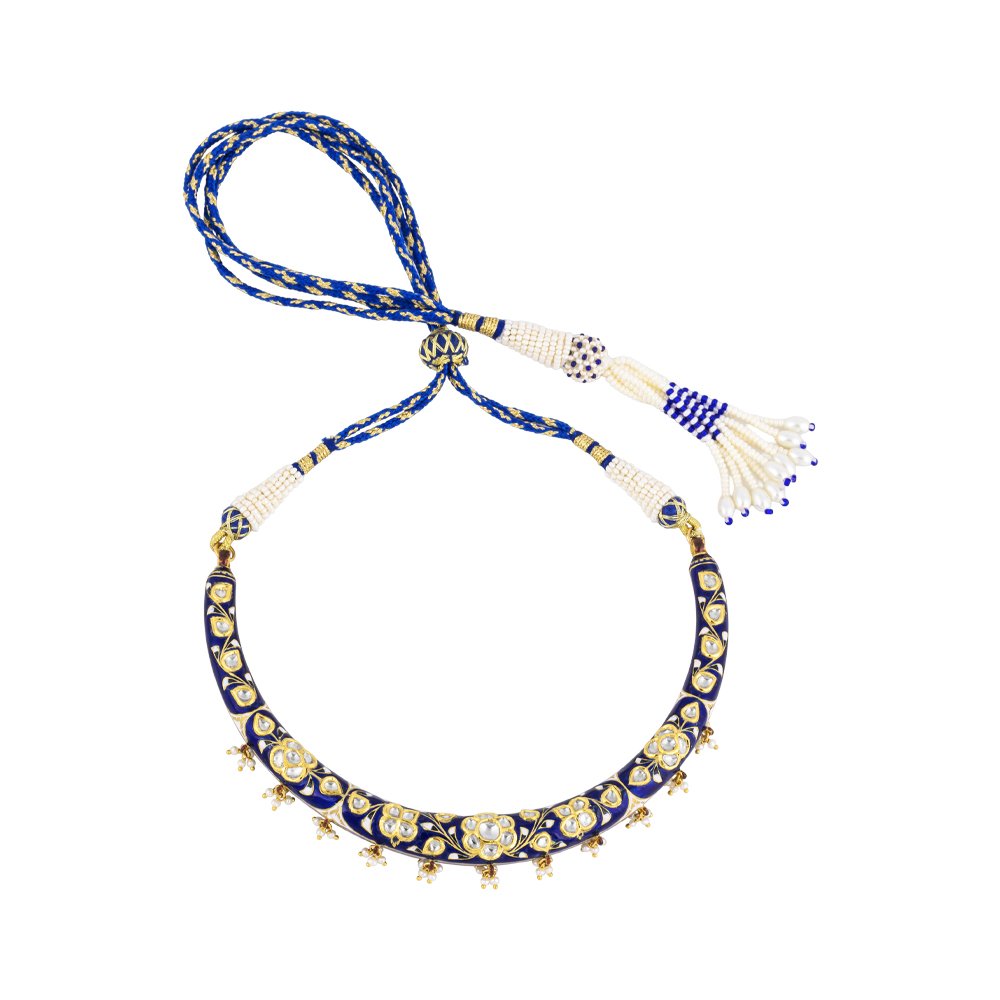 Blue Enamel Hasli Necklace Set with Polki Floral Motifs & Pearls